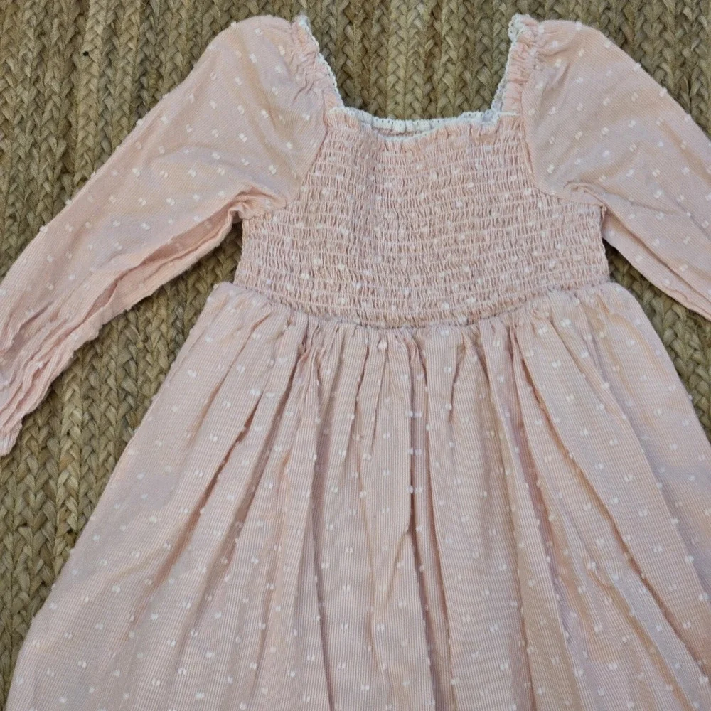 Rachel‎ Zoe Girls Peach Striped Clip Dot Smocked Dress 5T Long Sleeve Lace Trim